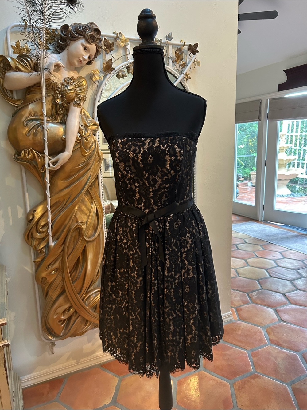 Neiman Marcus Black Lace Strapless Cocktail Dress